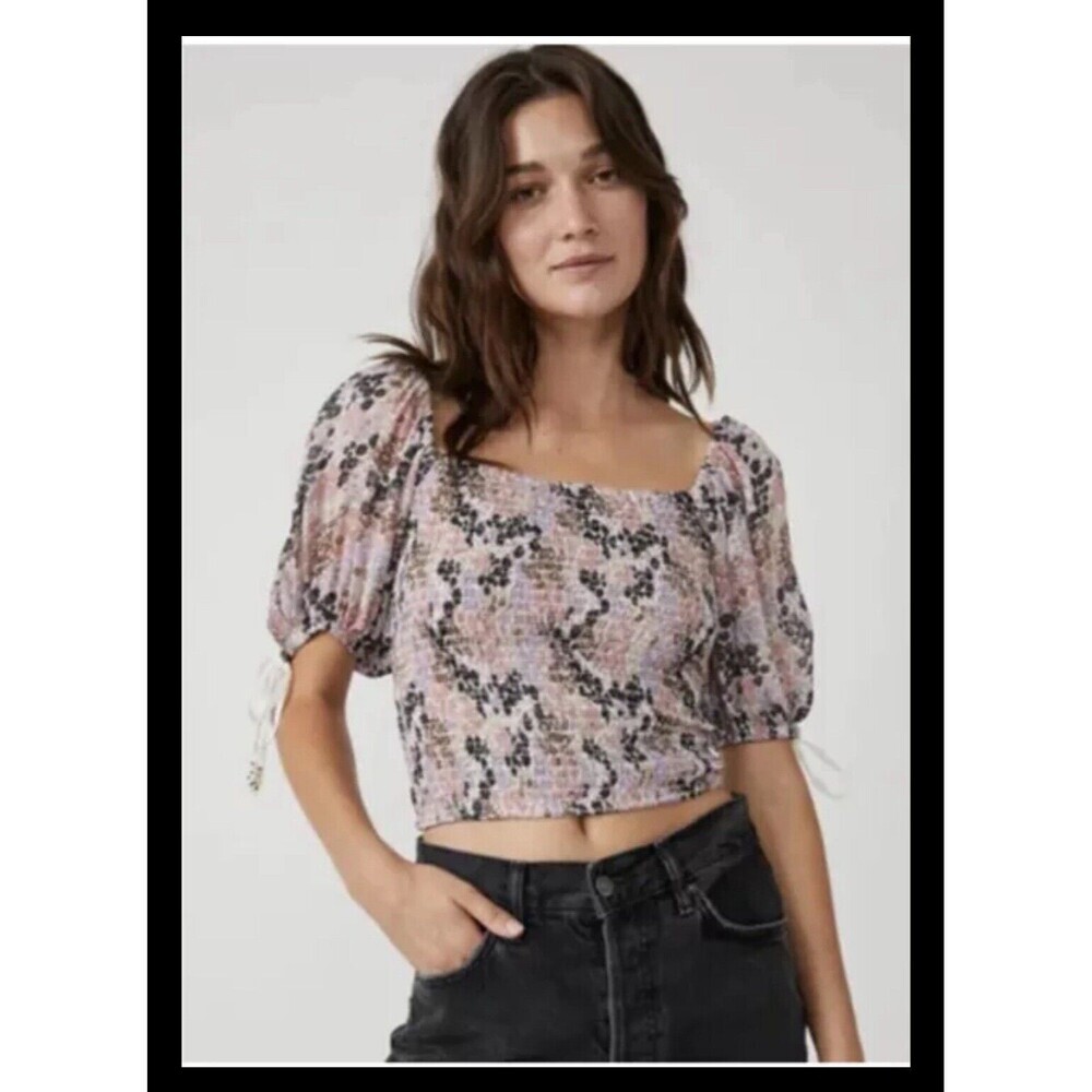 Free People Back On Top Crop Smocked Shirt Blouse‎ Puff Sleeve Size S